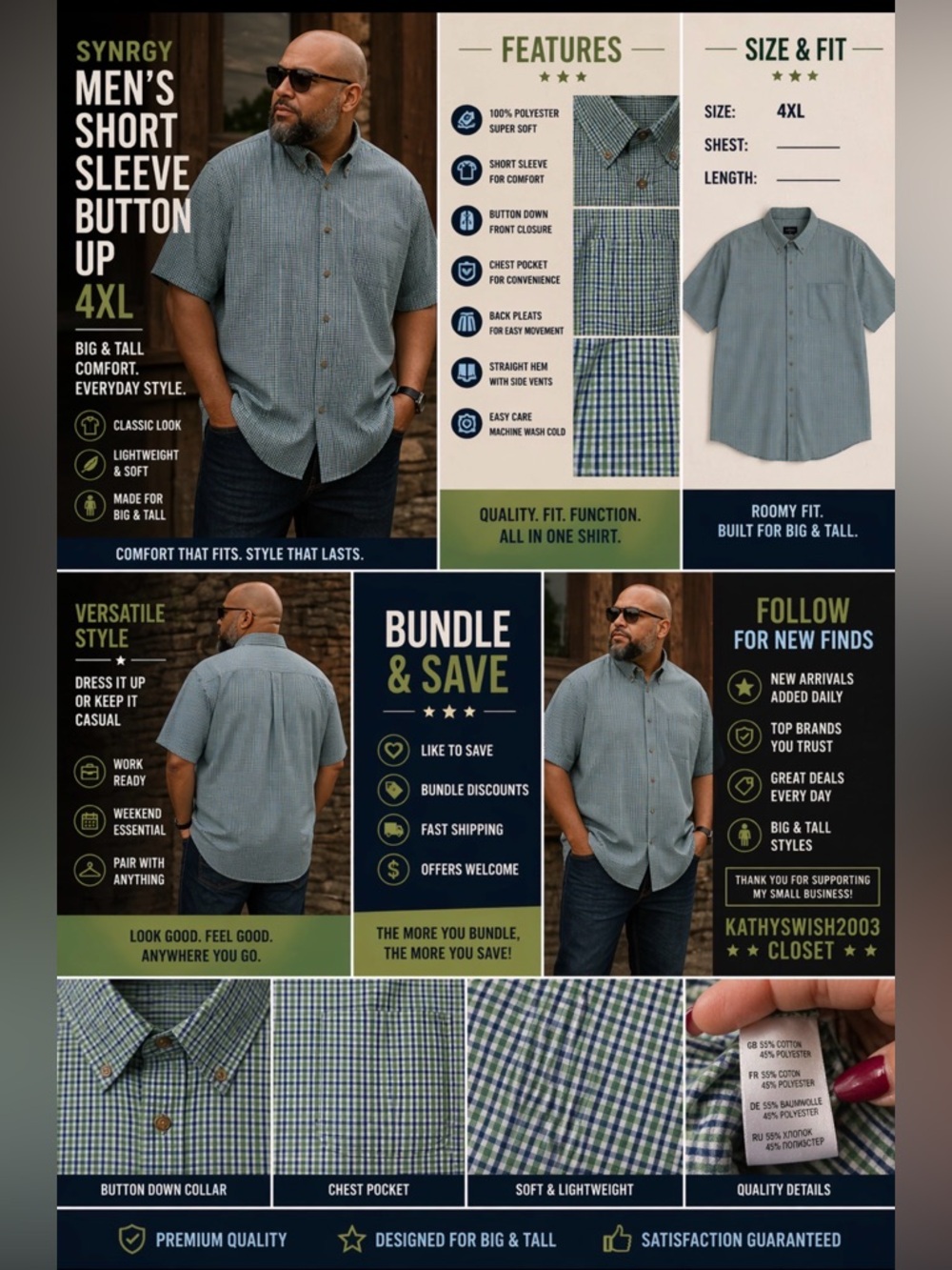 Synrgy Men Short Sleeve Cotton 
Big & Tall Button Up  4XL Short Sleeve…